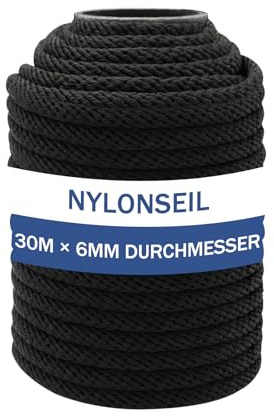 NQ Nylonseil 30m x 6mm Durchmesser, hochreißfestes Tauwerk aus Nylon, wetterfest und UV-beständig, ideal für Camping, Outdoor, Haushalt und Handarbeit DIY (Schwarz)