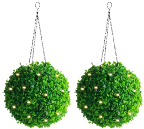 JOYWU 2 Pack Solar Topiary Balls with LED Lights - 14/20/24cm Artificial Boxwood Hanging Balls, Auto-On Weatherproof Faux Plants for Garden, Patio, Pathway, Wedding Decor (24cm)