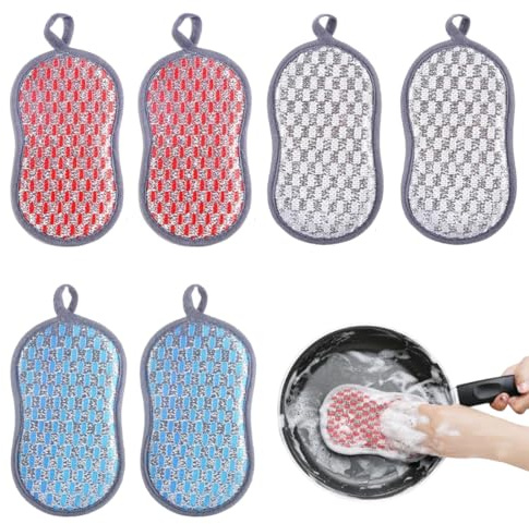 OUDQFCJ 6 Pezzi Spugne Cucina in Microfibra Lavabili e Riutilizzabili con 2 Lati Potenti per Pulizia Profonda di Sporco Ostinato (Haarbürste)