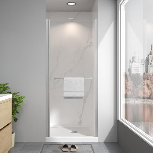 EASYWORC Frameless Pivot Shower Door 26-28 W x 72 H, Swing Shower Glass Doors with Nano Explosion-Proof Film Tempered Glass 1/4(6mm) Reversible Installtion, Brushed Nickel Finish