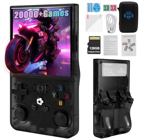 R36MAX Console de jeu rétro, portable, avec écran IPS HD 4,0, 128 Go, plus de 20 000 jeux rétro, open source, système Linux 4000 mAh, rechargeable, noire