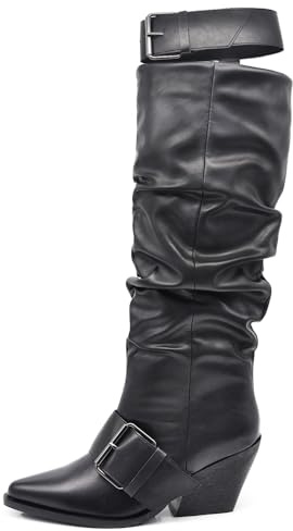 IF Stivali Texani Western alti donna con punta affusolata e gambale arricciato tacco a cono e cinturino largo rimovibile GA043 nero N.41