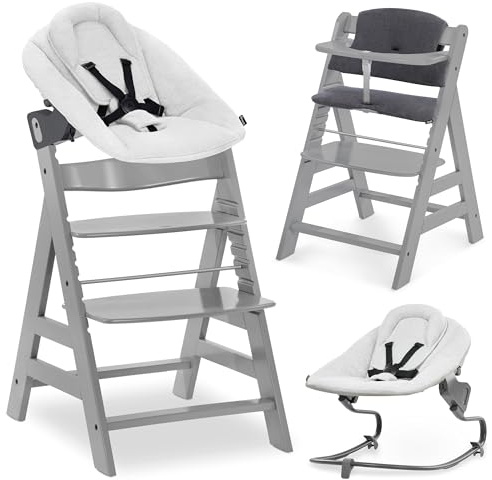 hauck Alpha+ Hochstuhl Newborn Set mit Premium Bouncer - Grau | Mitwachsender Holz Kinderhochstuhl ab Geburt bis 90 kg | inkl. Neugeborenenaufsatz & Sitzkissen
