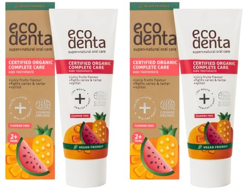 ECODENTA Pasta de dientes ecológica certificada para niños con aloe vera y xilitol, sabor afrutado a chicle, cuidado dental suave antiplaca para niños a partir de 2 años, 75 ml (paquete de 2)