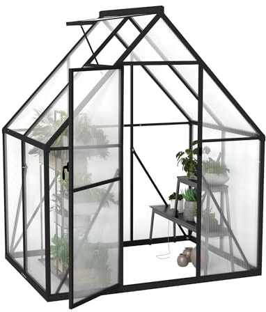 TATIVALO Gewächshaus Aluminium 125x180x195 cm mit Fundament, 4 mm PC-Hohlkammerplatten, Wetterfest & Stabil, Tomatenhaus Treibhaus Anzuchthaus Garten Frühbeet, inkl. Dachfenster & Tür