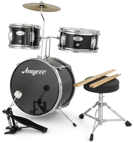 Garvee Batterie Junior 3 pièces pour Enfants – Ensemble Percussion avec Grosse Caisse, Caisse Claire, Tom, cymbale, Baguettes, pédale et Tabouret – Apprentissage Musical éducatif – Noir