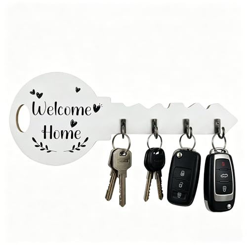 LEBKFT Key Holder for Wall, Welcome Home Entryway Wooden Keys Hooks with 4 Hook Wall Mounted Key Hooks Organizer for Entryway Front Door Hallway and Living Room Decor (White)