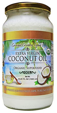 Coconut Country Living's Extra Virgin Coconut Oil in Glass Jar- Cold Pressed, Unrefined organic Superfood for Hair, Skin, Beauty, Cooking - Keto & Paleo Diet Friendly - 33.81 oz