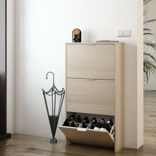 Dmora - Étagère à chaussures Escondido, Armoire à chaussures avec 3 portes pliantes, Armoire double capacité pouvant accueillir jusqu'à 18 paires de chaussures, 60x22h113 cm, Chêne