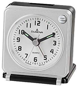 DUGENA Quarz-Reisewecker 4460950, mit Weckzeiger, Weckwiederholung, Zifferblattbeleuchtung, ansteigendes Wecksignal, Klappetui, Maße 7 x 6 x 3,3 cm