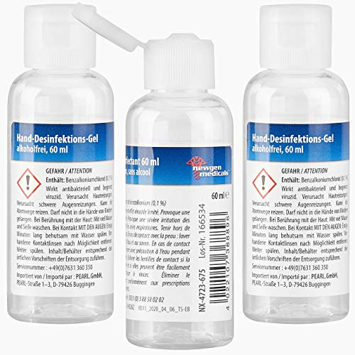 newgen medicals Handdesinfektionsgels: 3er-Set Hand-Desinfektions-Gels, Spender-Flasche, alkoholfrei, je 60ml (Händedesinfektionen, Desinfektionsgels Haut, Handgepäck)