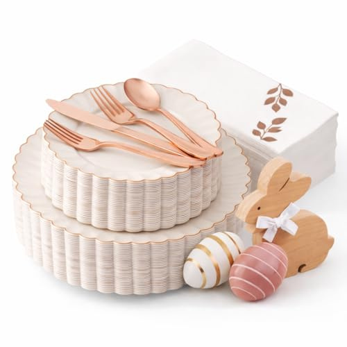 By Madee HEAVYWEIGHT 175 Pc Fancy Disposable Dinnerware Set | Ivory Scalloped Rose Gold Plates and Napkins, Cutlery | Elegant Disposable Plates Set for Wedding, Bridal Shower, Baby Shower (25 Guests)