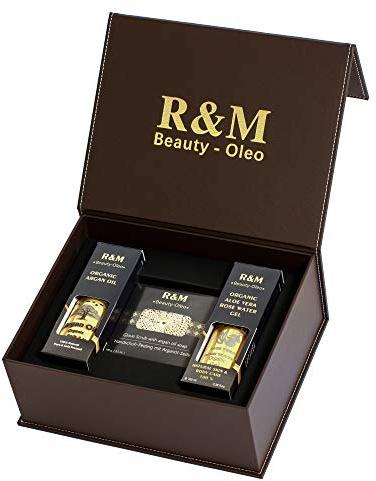 R&M Beauty-Oleo Beauty-Box – Hochwertige Geschenkbox mit 100ml Arganöl, 100ml Aloe Vera Gel & 100g Arganseife – Geschenk für Valentinstag, Weihnachten, Geburtstag uvm.