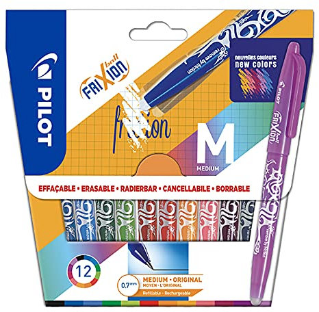 PILOT - 12 Stück Frixion Ball – radierbarer Stift mit thermoensibler Tinte – nachfüllbarer Tintenroller aus recyceltem Kunststoff – 12 Farben – mittlere Spitze