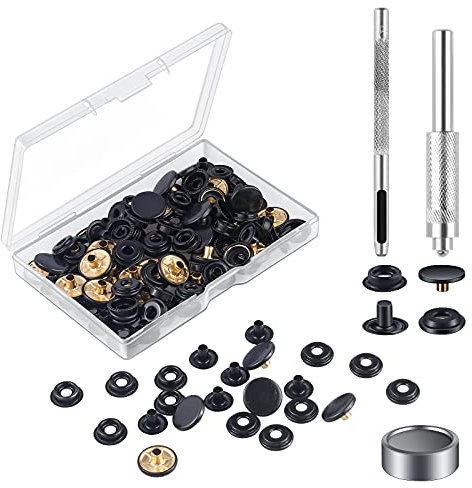 MSDADA 18 Sätze Druckknöpfe Set, Schwarz Button Werkzeug Metall Fastener Druckknopf Schraubbar Edelstahl Muttern und Bolzen Set für Kleidung Leder Handwerk Jacke Brieftasche Handtasche(72 Stück)