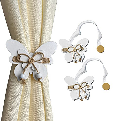 GIRASOLE HOME 2 Fermatende Magnetici Bianchi in Legno a Forma di Farfalla Stile Shabby Chic 2 Pezzi con Cordino in Organza per Tende Leggere e Tendine (Farfalla, Bianco)