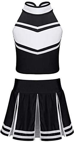 Agoky Jugendliche Mädchen Cheerleading Uniformen Ärmellos Crop Top und kurzer Faltenrock Minirock und Kniestrümpfe Gymnastik Tanz Sport Beifall Outfits Schwarz E 134-140