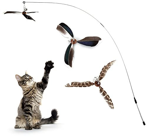 Cobee Katzenspielzeug, Interaktives Katzenspielzeug mit 2 Federn Nachfüllungen Katzenfeder Propeller Zauberstab Spielzeug mit Glocke Katzenfeder Spielzeug Ersatznachfüllungen Indoor Katzenschnu