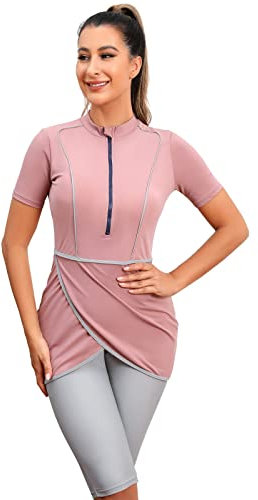 IMEKIS Damen Bescheidene Muslimische Bademode Islamische Burkini Badeanzug Kurzarm Reißverschluss Swim Top mit Kurz Hosen Hijab 3tlg Tankinis Sets Schwimmkostüm Rosa L