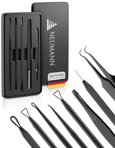 NEUMANN® Blackhead Remover Set (Stainless Steel) for Removing Pimples, Blackheads etc. - Comedone Squeezer, Lifter, Remover - Various Tools: Loops, Tweezers, Lancet [Black]