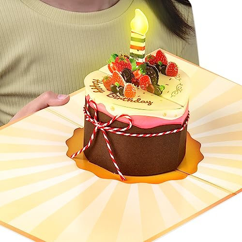 Geburtstagskarte mit LED Licht und aufblasbarer Kerze 3D Pop-up Kuchen Karte Spielt Glückwunschmusik mit Lichteffekten Musikalisches Geschenk für alle Frauen, Männer, Kinder, Mutter, Schwester, Freund