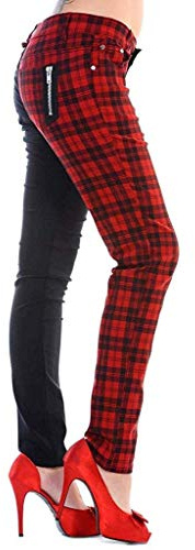 Banned Röhrenhose Karo Hose Damen Halbes Bein Karierte Hosen Split Punk Emo Alternative Mode, Rot, L