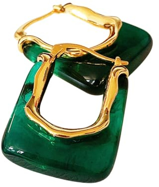 KONFEN Pendientes Aros 18K Oro, Pendientes Dorados Aro Oreja Pequeño para Mujer, Pendientes Geometricos en Forma de U con Resina, Pendiente Aretes Hoop Earring Joyas Regalos Fiesta (Ambar/Verde)