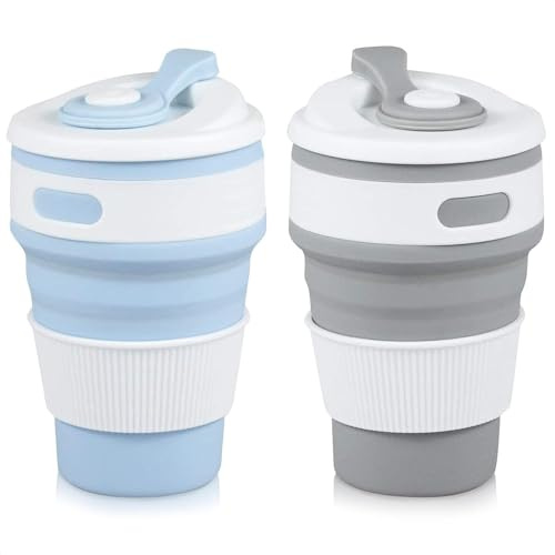 7WUNDERBAR Faltbarer Reisebecher 2 Stück - Faltbarer Trinkbecher mit Deckel, Silikon Tasse, Camping Tasse wiederverwendbar, für Camping, Wandern, Reisen, Picknick (350ml)