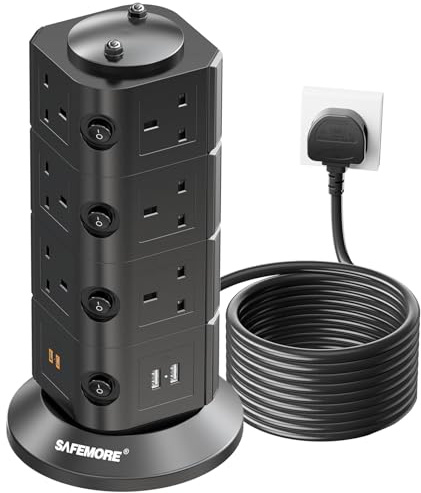 SAFEMORE Tower Extension Lead 14 Way, Extension Plug with 4 USB (2 USB-A / 2 Type-C) 4.8A Charge Slots, Individually Switched Power Strip 2m Cable Vertical Surge Protection Power Cord for Home Office