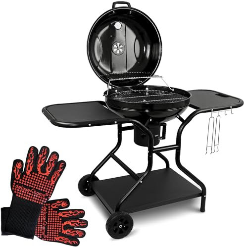deluxe4home® Kugelgrill Ø55 cm mit Ablagefläche I Rollbarer Grillwagen mit Deckel I BBQ Holzkohlegrill, Grill rund für Holzkohle Barbecue Grill
