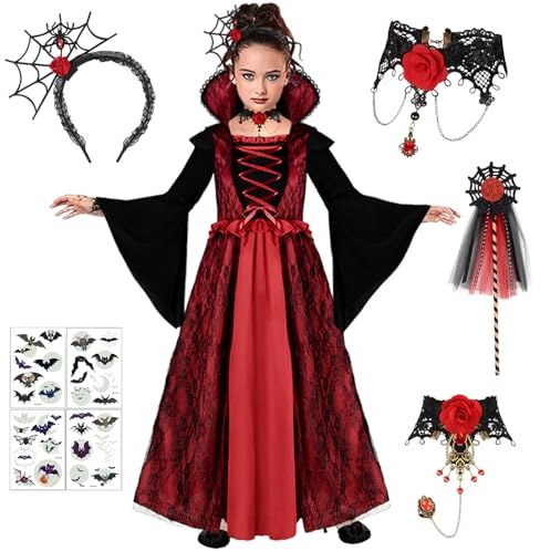 GEEKEO Carnaval Deguisement Vampire Fille - Déguisement Enfant Vampire avec dent de Vampire Collier Robe Fille Princesse,Cosplay Costume de reine Mardi Gras Décoration Halloween Carnaval