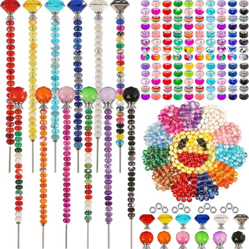 300 Stück Gartenstecker DIY Feenstab Gartenstecker Kit, Bunte große Lochperle, Kristall-Diamant-Stopper, 12 Edelstahl-Gewindestangen, Perlenfeenstäbe, Zubehör für den Außenbereich, Perlendekoration,