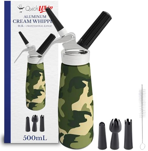 QuickWhip Aluminum Metal Whipped Cream Dispenser, Professional Whipper, 0.5L Full Canister with 3 Decorating Tip Nozzles (Camo Green)