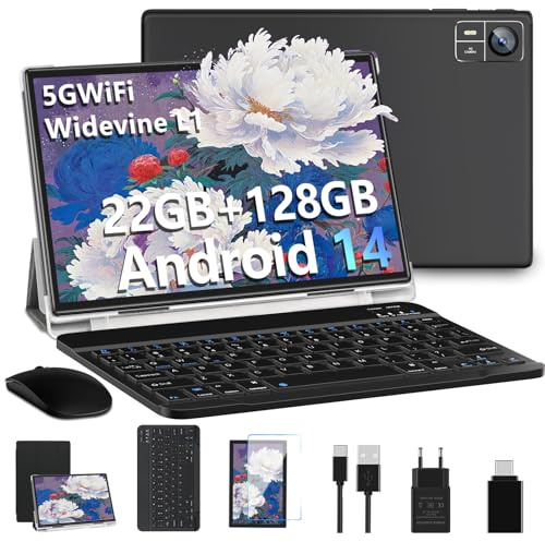 Tablets Android 14 10 Pollici 22GB RAM+128GB ROM(1TB TF), Octa-Core 2.0Ghz, 5G+2.4G WiFi, Bluetooth 5.0, GPS, 8MP + 5MP,Widevine L1, Tipo C, OTG, Cast, Tablet PC con Custodia, Tastiera e Mouse, Nero