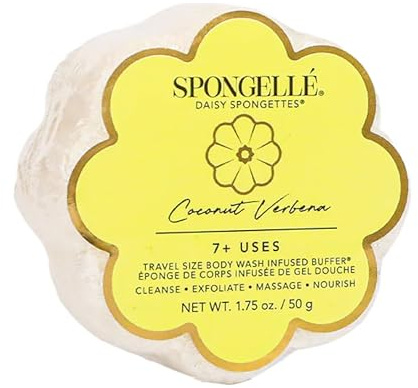 Spongellé Coconut Verbena Daisy Spongette Bath Sponge | Built-in Body Wash & Body Scrubber, Shower Loofah Sponge for Women, Travel Essentials | 7+ uses