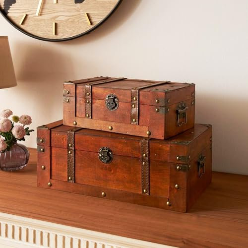 FRANK FLECHTWAREN, Baúl de búsqueda del tesoro, 2 unidades, madera, metal, asas laterales, piel sintética. Dimensiones: 30 x 18 x 11 cm, 40 x 24 x 16 cm