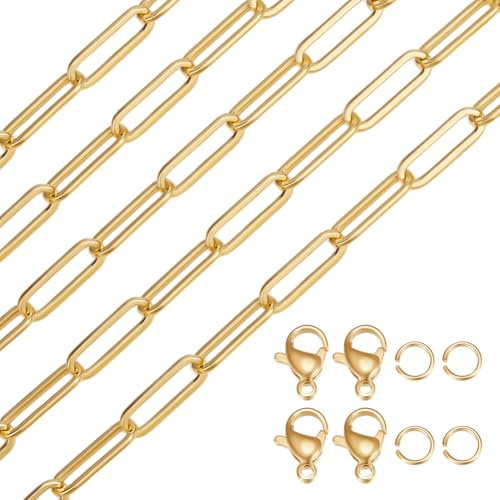 Beebeecraft 6.6 Feet/2M Paperclip Link Chain Bulk Real 18K Gold Plated Brass Metal Long Rectangle Pull Extension Connectors Chains with Lobster Clasps Jump Rings for Jewelry Making Necklace DIY Crafts