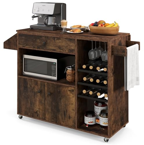 TANGZON Kitchen Island on Wheels, Rolling Kitchen Storage Trolley with Drop Leaf Worktop, Drawer, Wine Rack, Glass Holder, Open & Adjustable Shelf, Utility Bar Serving Cart Sideboard (Rustic Brown)