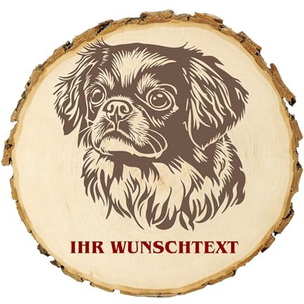 KIWISTAR UG - 14-16 cm Baumscheibe - Pekinese - Hund - personalisiertes Geschenk individuell selbst gestalten - Name - Holzscheibe mit Wunschtext - Naturholz - Geschenk - Türschild
