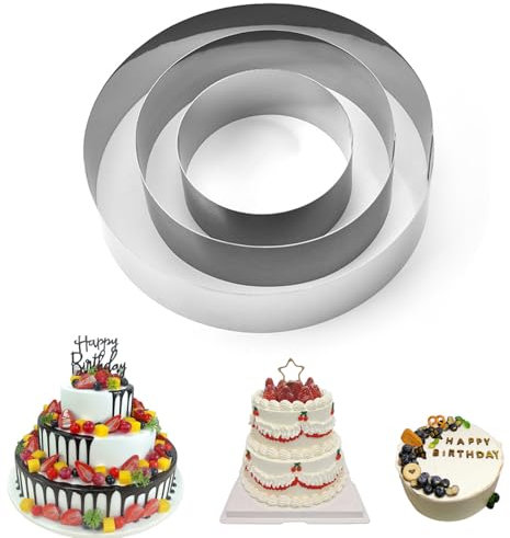 Cake Ring,Cooking Rings, 4/6/8 Inch Round Cake Mold, 3 Packs Round Cookie Cutter Set, Stainless Steel Biscuit Cutters for Cooking Crumpets Eggs Pastry Mousse Desserts(Silver - Round)