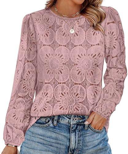 Spring Clothes for Womens Blouses Dressy Casual Long Sleeve Summer Tops Thanksgiving Outfits Trendy Solid Lace Embroidered Shirts Dusty Pink M
