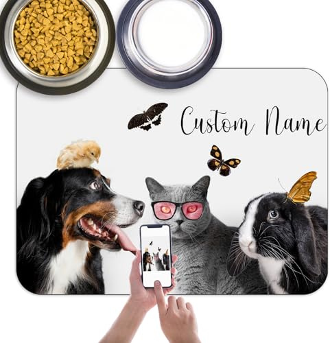 Personalisierte Hundefuttermatte mit Foto-Namen, rutschfeste Haustier-Füttermatte, wasserdichte Rückseite, saugfähiger Stoff, für Hunde und Katzen