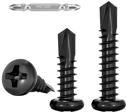 FandWay Lot de 100 vis autotaraudeuses pour métal, M4,2 x 19 mm pour acier, tête bombée Tek, acier inoxydable 410 revêtement noir avec 1 embout et boîte solide