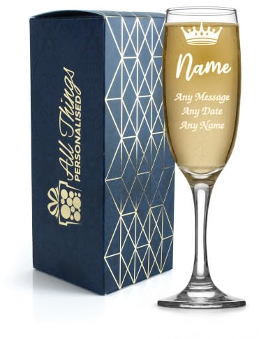 Crown Champagne Flute with Name, Personalised Engraved Glass for Prom Queen, Birthday Girl, Bride, Hen Do or Graduate, 210ml Gift Boxed
