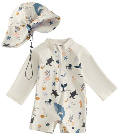 Costume da Bagno per Neonato, Anti-UV, Tuta da Nuoto a Maniche Lunghe e Cappello Bagno Set UPF 5+ Protettivo in Neoprene Solare Muta Surf Swimsuit Spiaggia Mare Piscina, Spiaggia, Immersioni
