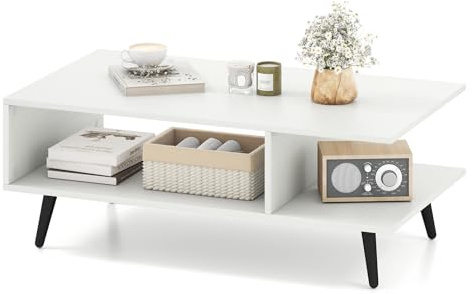 RELAX4LIFE Tavolino da Caffè a 2 Livelli, Tavolino da Salotto Moderno con Ripiano Aperto, Piano Spazioso, Gambe in Metallo Coniche, Tavolo d'Appoggio Rettangolare, 80 x 45 x 30 cm (Bianco)