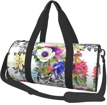 Runde Seesack aus Segeltuch, Motiv: Blumen, Vögel, Blätter, Zweige, bedruckt, wasserdicht und reißfest. Faltbare Wochenend-Reisetasche