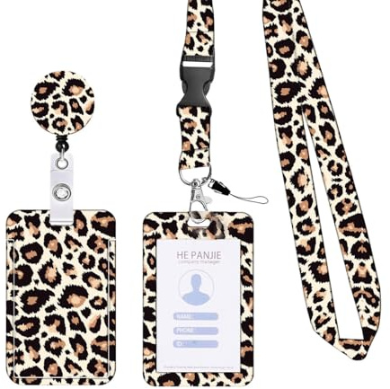 Auriselle Lanyard deslizante tarjetas de identificación Estuche tarjetas Banda Clip, estampado leopardo Cordón impermeable Vertical ID, práctica hebilla extensible Varios compartimentos