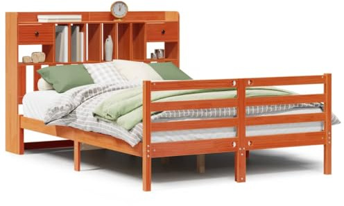 Eleganz Massivholzbett 160x200 cm mit Regal - Naturbelassenes Wachsbraun, Langlebig & Stilvoll für Schlafzimmer - Ohne Matratze, Perfekte Lagerlösung für Kleidung & Bücher