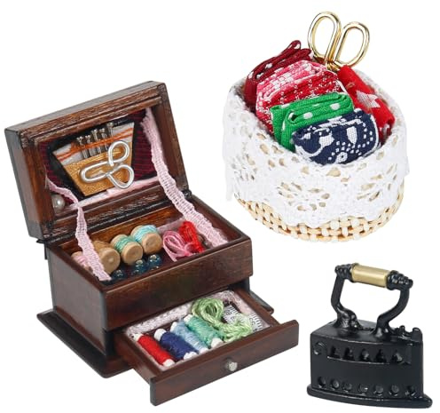 Accessoires de lutin - Boîte à couture miniature à 3 couches - Panier à couture - Fer - Accessoires de maison de poupée - Accessoires miniatures - Décoration de maison de poupée - Accessoires de